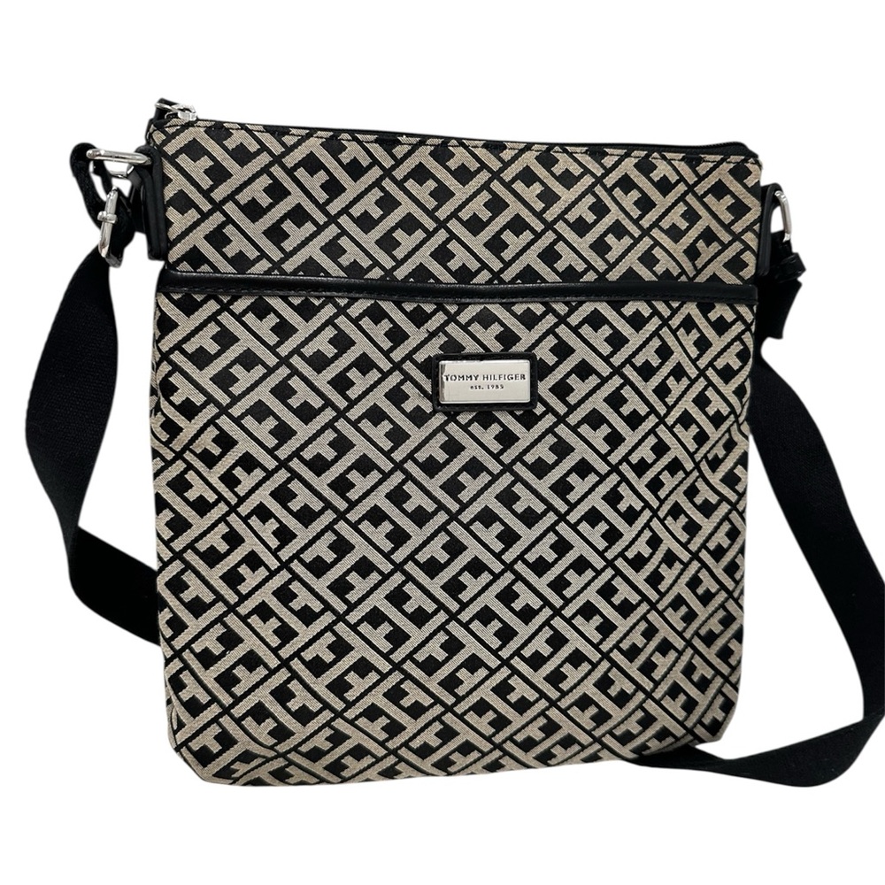 Tommy Hilfiger Black and Cream Patterned Messenger Bag
